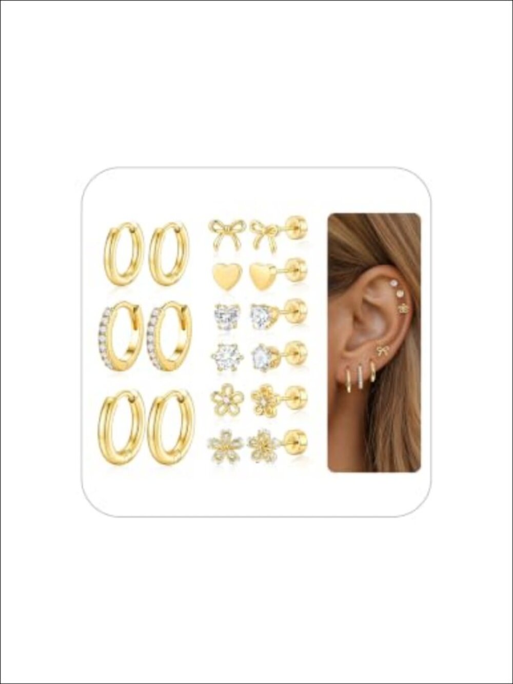 Hypoallergenic 316L Surgical Steel Flat Back Stud & Hoop Earrings Set with 14K